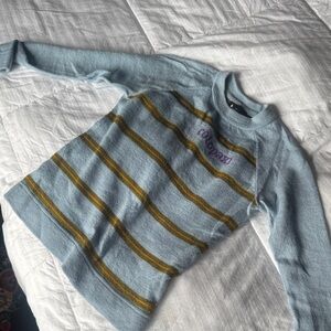 Cotopaxi Light Blue Sweater with Green and Yellow Stripe